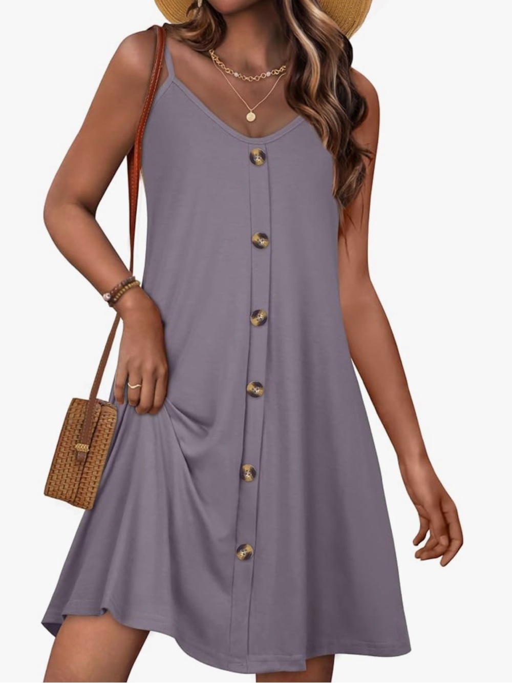 Spaghetti Strap Button Dress - Gray/Purple